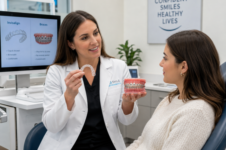 Orthodontist comparing Invisalign aligners and braces with a patient